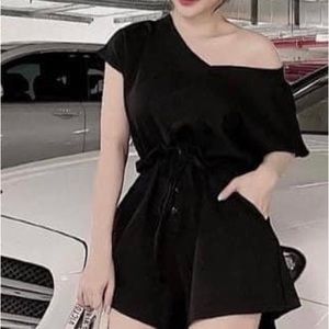 One Shoulder Puff Sleeve Belted Romper - Black S